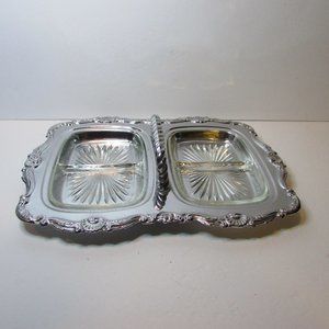Shelton Ware vintage chrome divided serving tray with handle & glass inserts